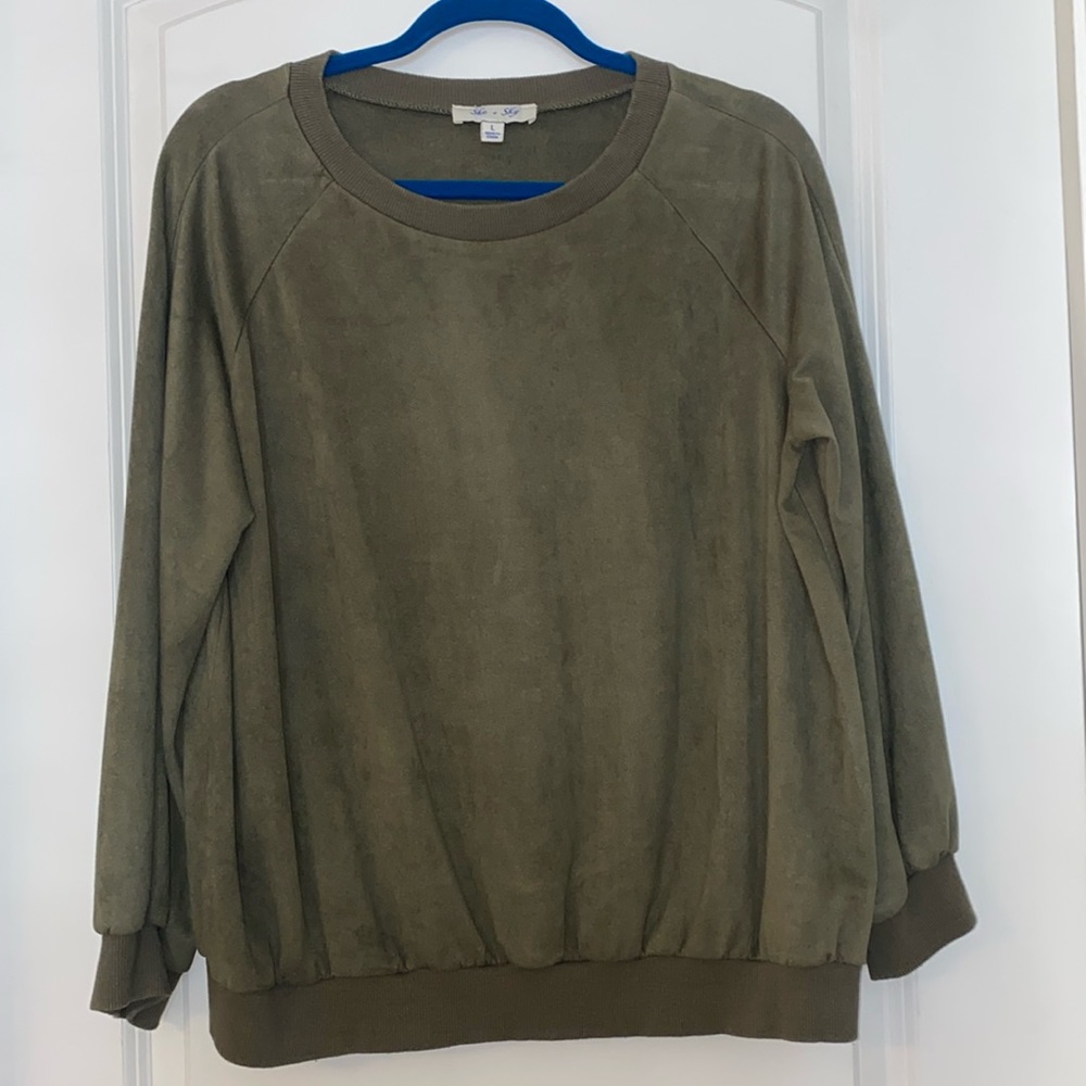 Olive green suede sweatshirt. She + sky